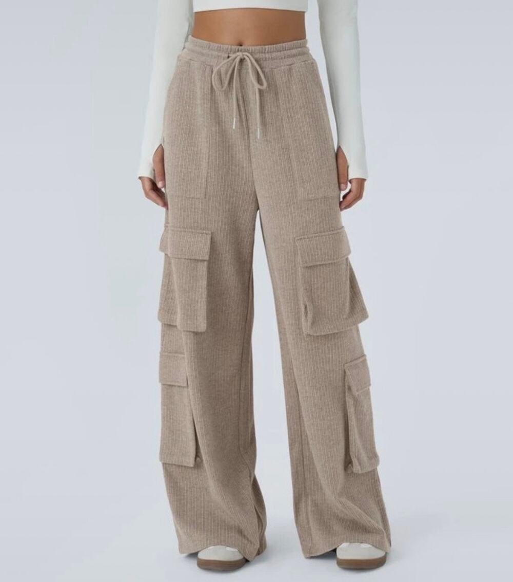 Ribbed Mid Rise Drawstring Pockets Wide Leg
Cargo Casual Pants Size Small